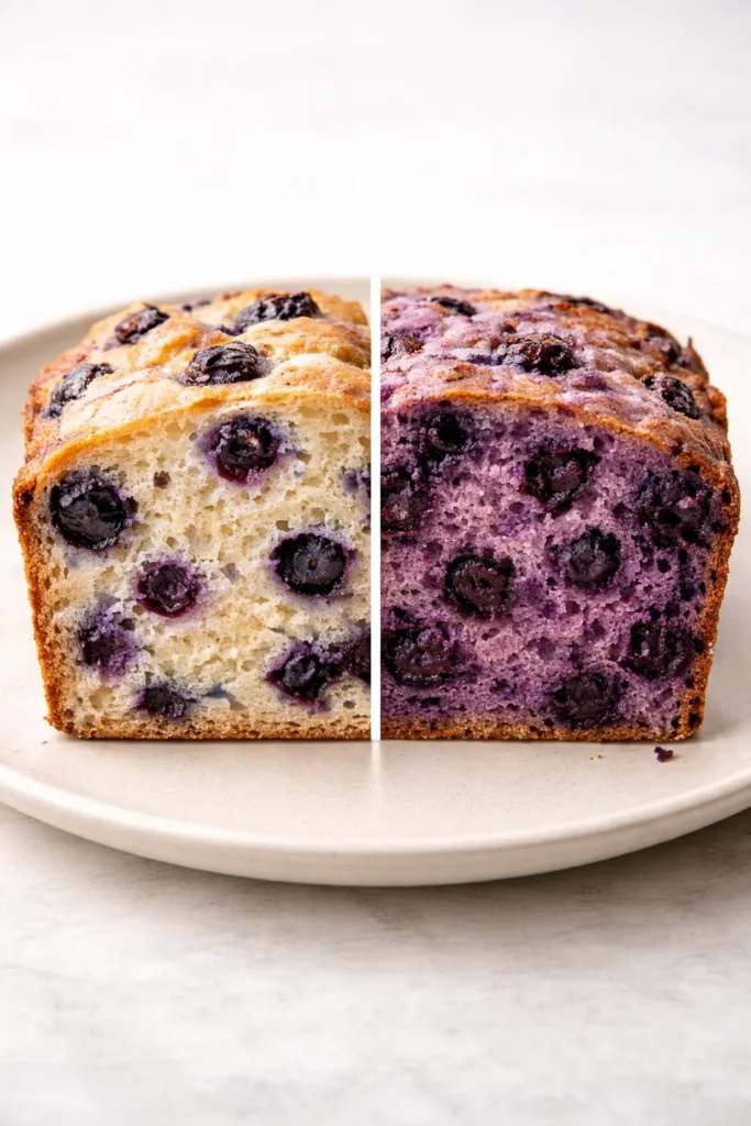 Soft Blueberry Breakfast Bread for Busy Mornings 9 Cross-section of blueberry bread comparing fresh vs frozen berries in crumb color