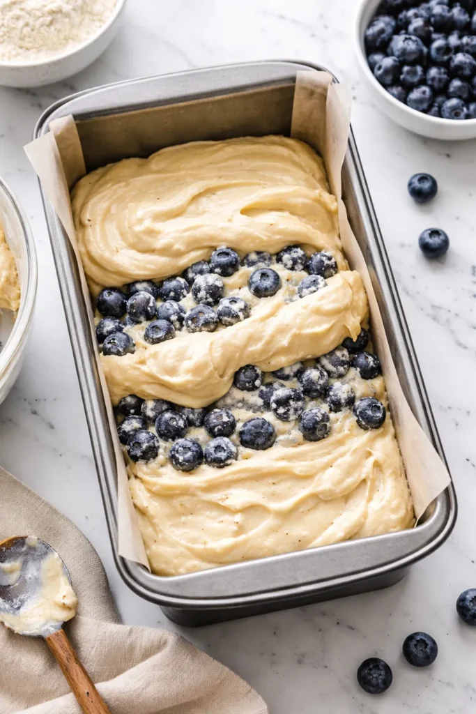 Moist Blueberry Muffin Bread for Coffee Time 6 Loaf pan with layered batter and blueberries for even distribution