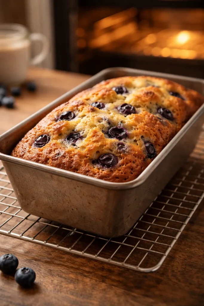 Moist Blueberry Muffin Bread for Coffee Time 7 Blueberry muffin bread loaf in a loaf pan on a wire rack in a warm kitchen
