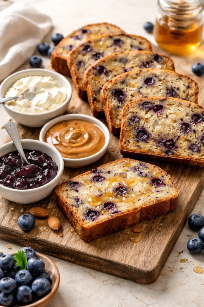 Soft Blueberry Breakfast Bread for Busy Mornings 13 Blueberry bread slices with cream cheese and jam on a wooden board
