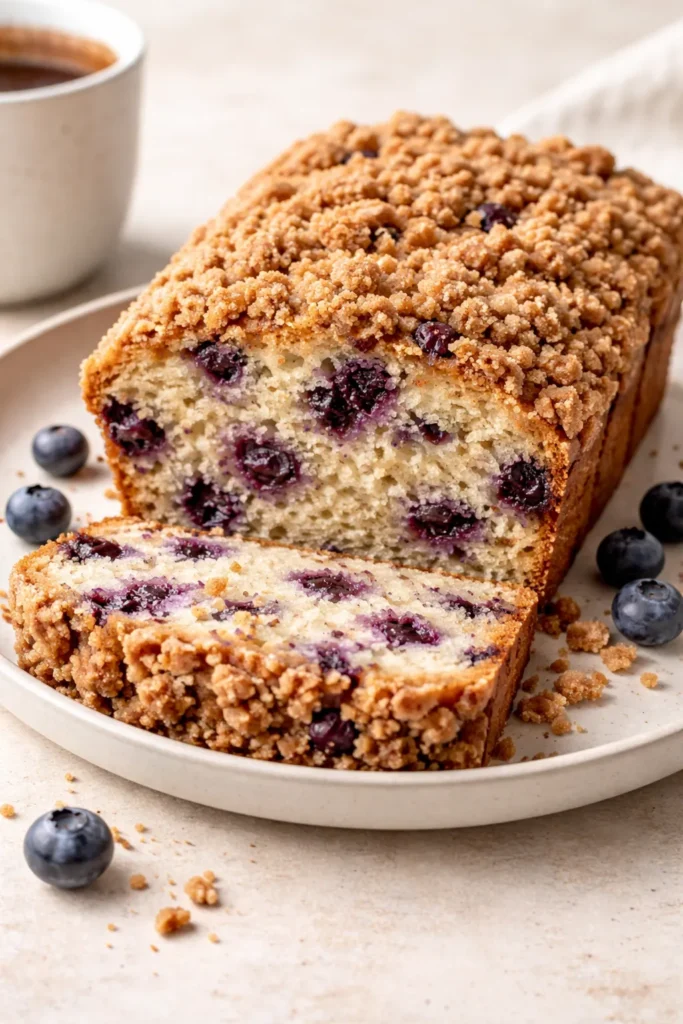 Moist Blueberry Muffin Bread for Coffee Time 10 Blueberry muffin bread with crumble topping on plate
