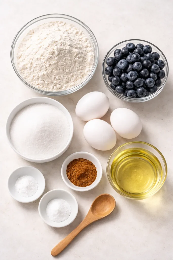 Soft Blueberry Breakfast Bread for Busy Mornings 4 Top-down arrangement of dry and wet ingredients for blueberry bread