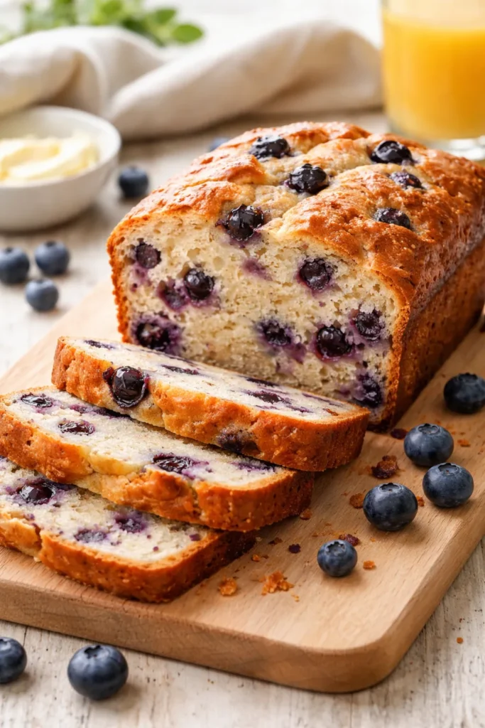 Soft Blueberry Breakfast Bread for Busy Mornings 1 Close-up of a soft blueberry bread loaf showing blueberries in the crumb on a wooden board