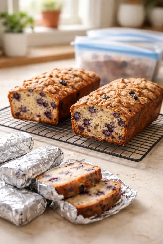 Soft Blueberry Breakfast Bread for Busy Mornings 14 Two blueberry bread loaves cooling with foil-wrapped slices on a kitchen counter