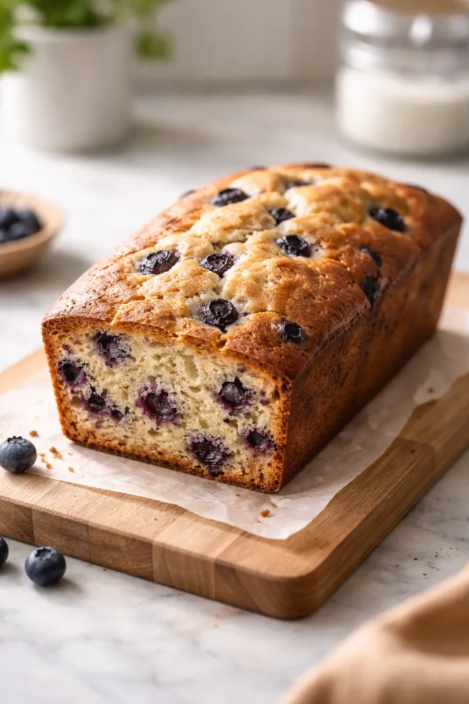 Soft Blueberry Breakfast Bread for Busy Mornings 7 Perfectly baked blueberry bread loaf with even browning on a neutral surface