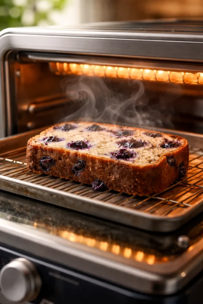 Soft Blueberry Breakfast Bread for Busy Mornings 12 Blueberry bread slice warming in toaster with steam