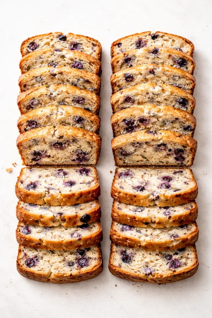 Soft Blueberry Breakfast Bread for Busy Mornings 3 Evenly sliced blueberry bread arranged to show servings