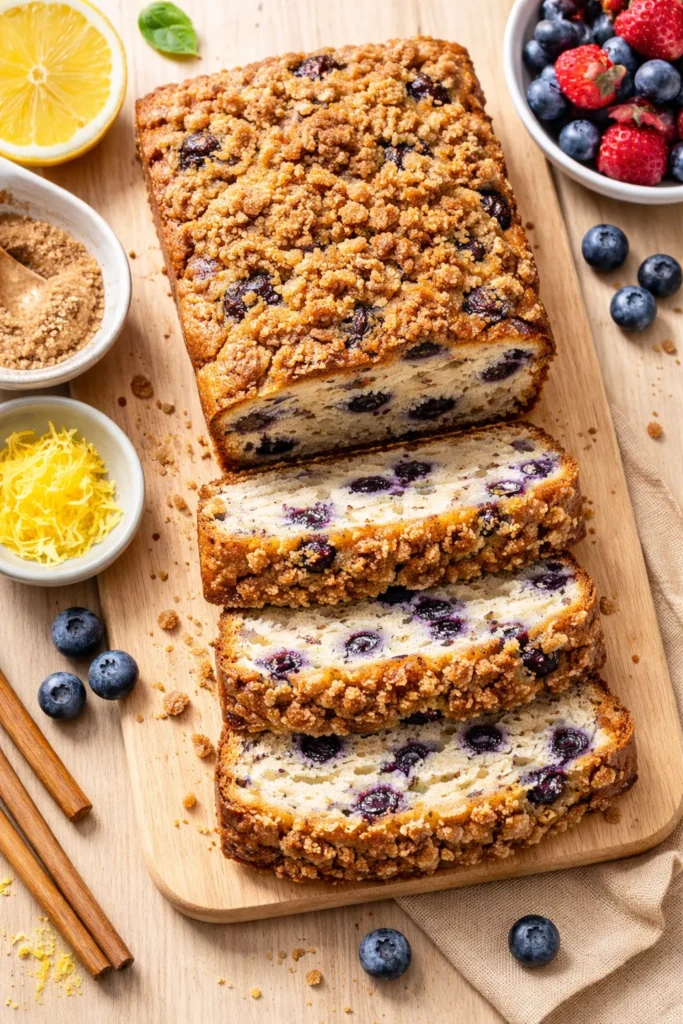Soft Blueberry Breakfast Bread for Busy Mornings 10 Blueberry bread with cinnamon streusel topping and visible berries