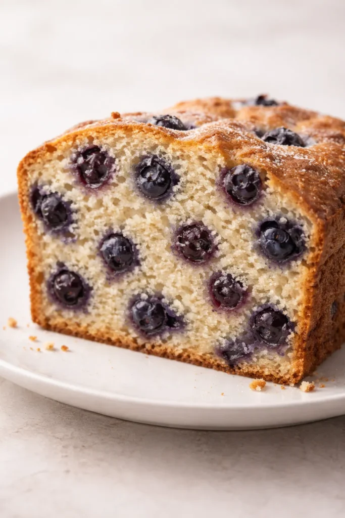 Soft Blueberry Breakfast Bread for Busy Mornings 8 Cross-section of blueberry bread showing evenly distributed berries in thick batter