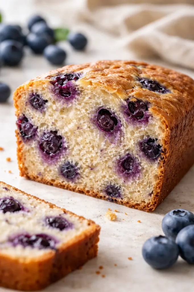 Soft Blueberry Breakfast Bread for Busy Mornings 6 Close-up slice of blueberry bread showing tender crumb and blueberries