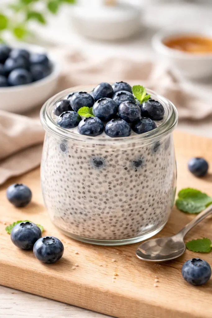 Close-up of blueberry chia pudding in a glass jar on a wooden counter