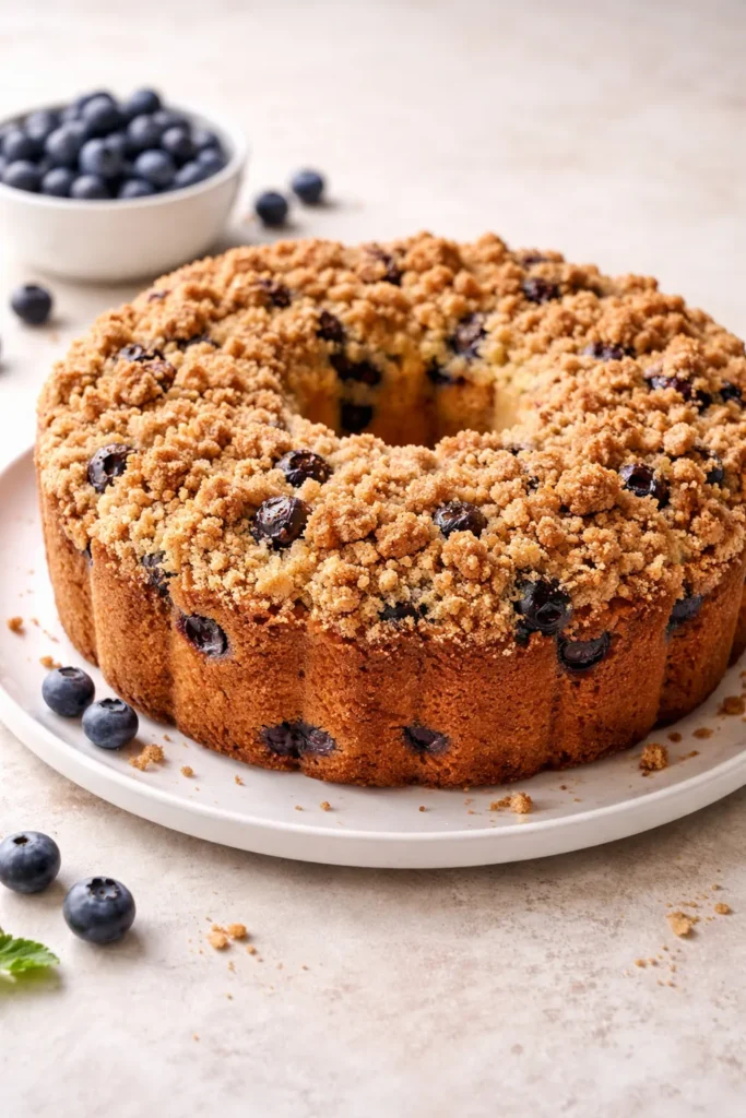 10 Beautiful Bundt Cakes for Beginners 6 Blueberry coffee cake with streusel topping on plate