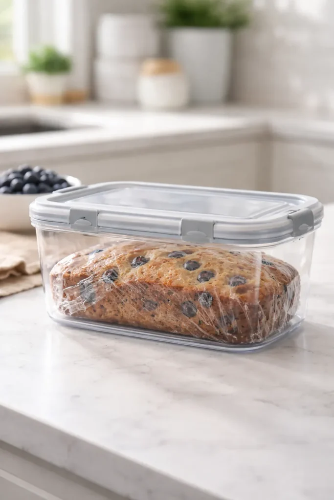 Soft Blueberry Breakfast Bread for Busy Mornings 11 Loaf wrapped in plastic and stored in container on counter