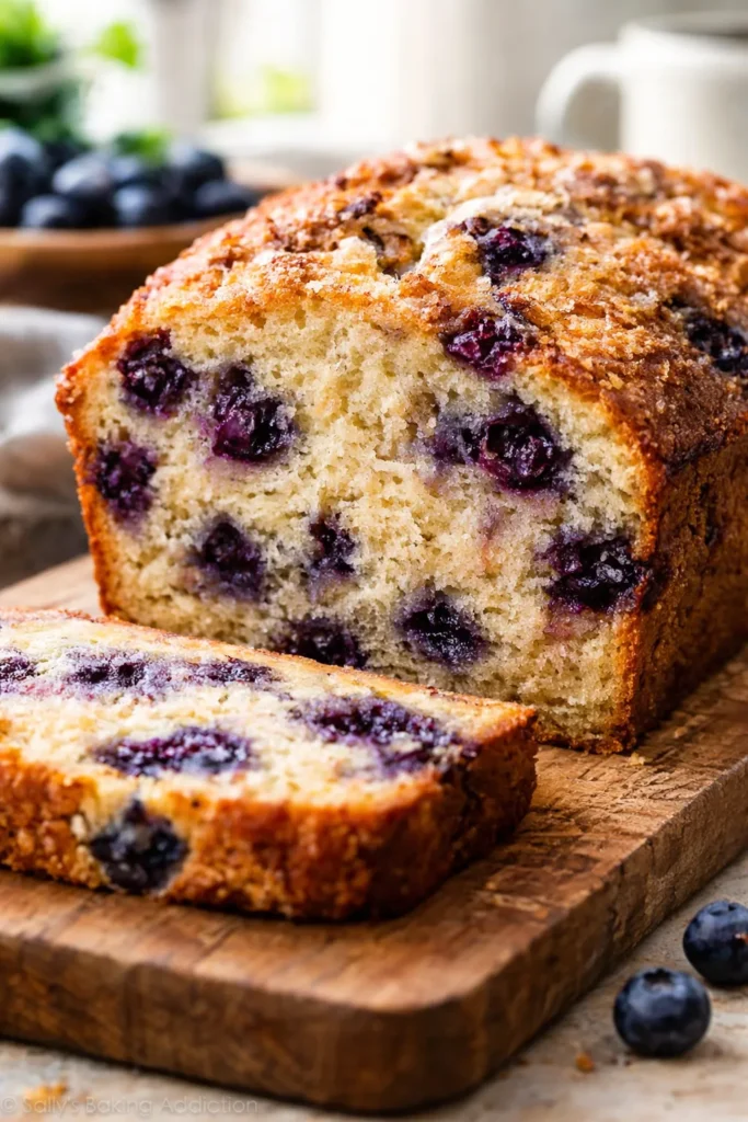 Moist Blueberry Muffin Bread for Coffee Time 1 Close-up of blueberry muffin bread loaf slice showing moist crumb with berries