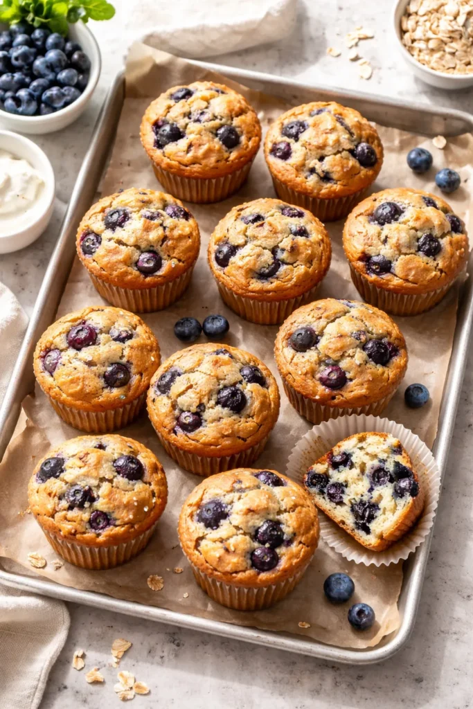 Blueberry studded Greek yogurt protein muffins on parchment