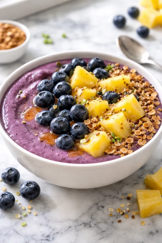 8 High Protein Smoothie Bowl Recipes 5 Deep purple blueberry pineapple smoothie bowl with fresh fruit and honey drizzle.