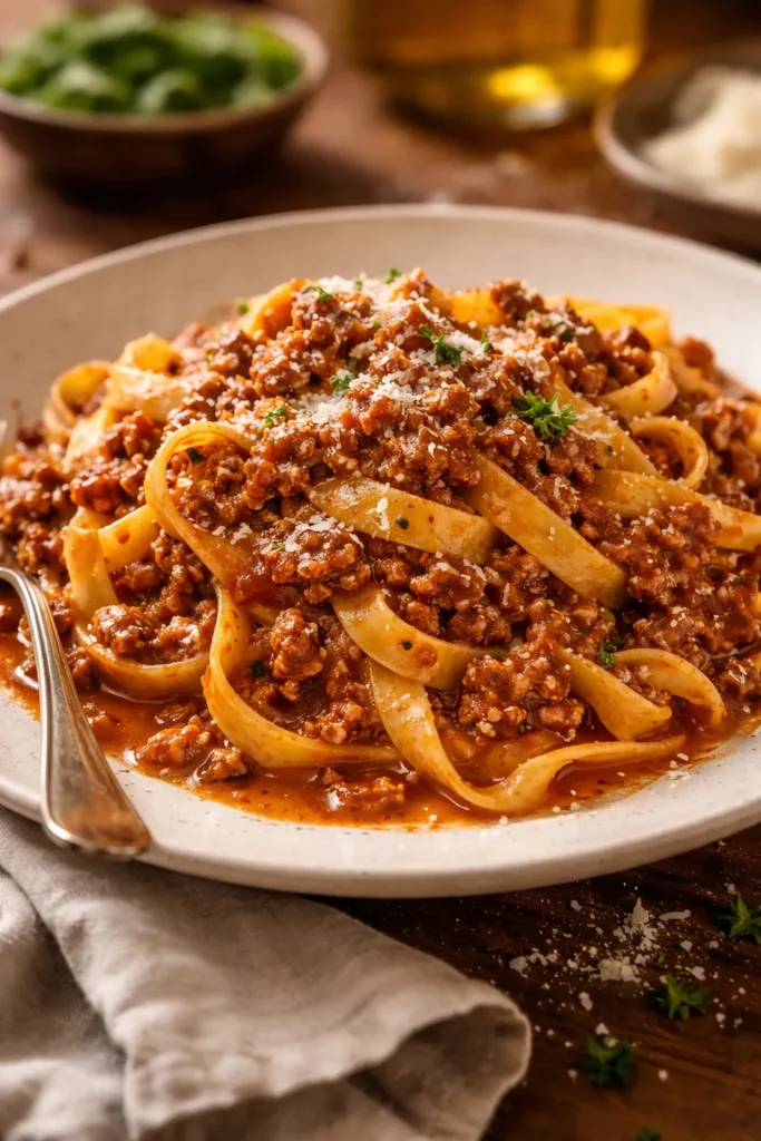 Tagliatelle with rich Bolognese ragù on plate.