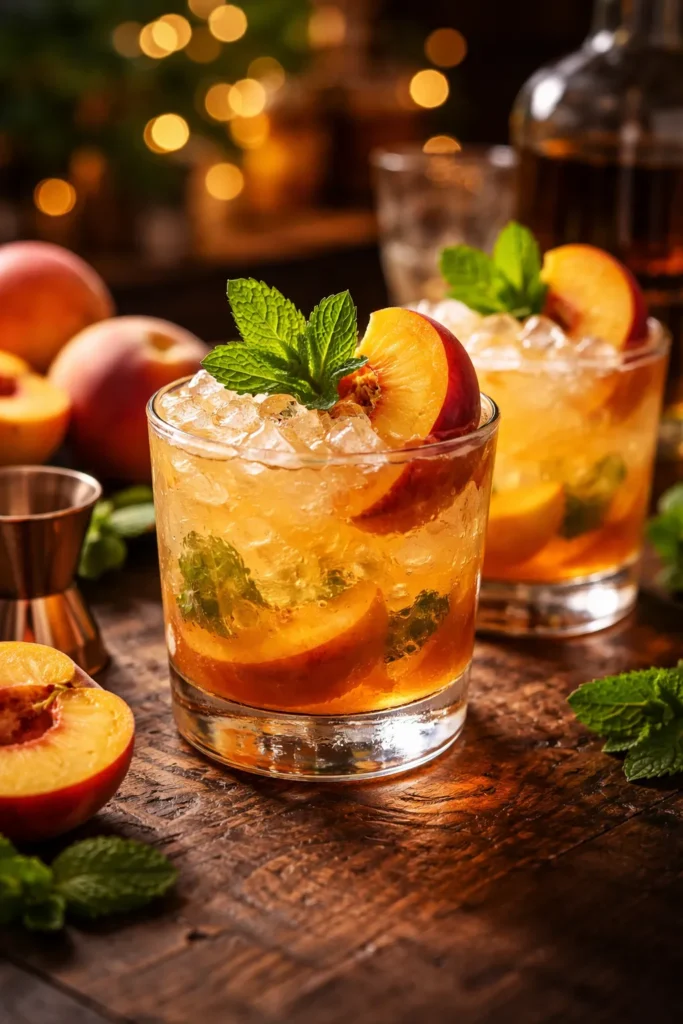 15 Fresh Peach Recipes Before Summer Ends 9 Close-up of bourbon peach cocktail in a glass with mint and peach garnish