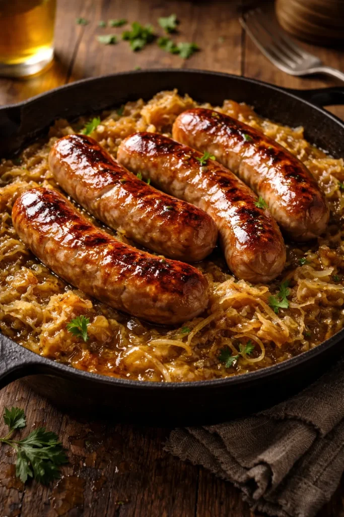 10 Easy German Recipes for a Cozy Dinner 1 Close-up of bratwurst with sauerkraut and beer glaze on rustic plate