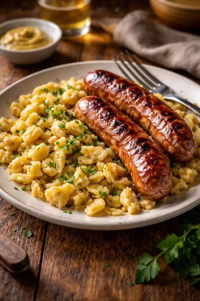 8 Bratwurst and Spaetzle Recipes for Dinner 13 Close-up plate of bratwurst and spaetzle on a rustic wooden table with warm lighting