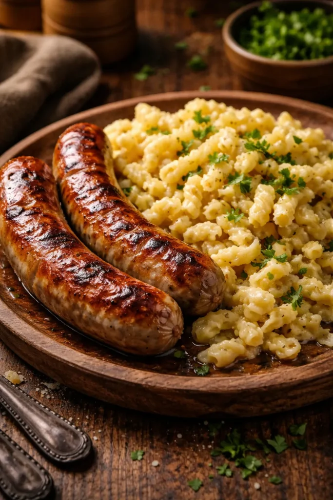 8 Bratwurst and Spaetzle Recipes for Dinner 1 Bratwurst and spaetzle on a rustic board with butter and parsley
