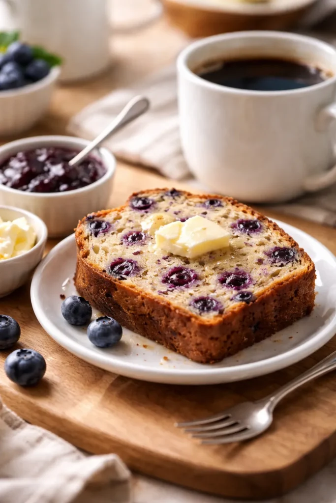 Moist Blueberry Muffin Bread for Coffee Time 11 Blueberry muffin bread slice with coffee in background