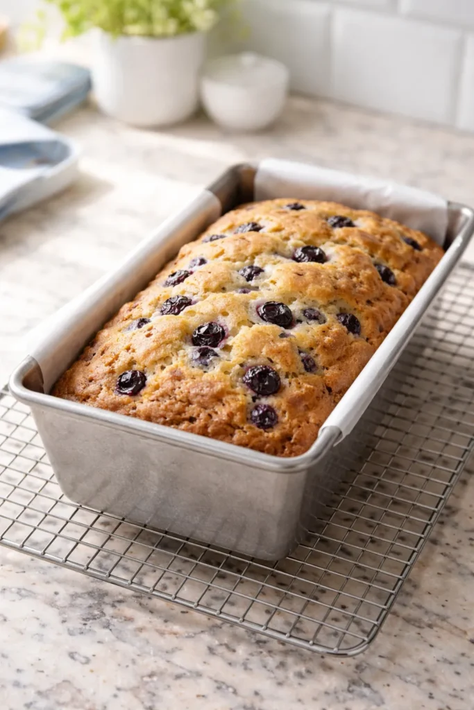 Moist Blueberry Muffin Bread for Coffee Time 9 Blueberry muffin bread cooling on a wire rack in its pan