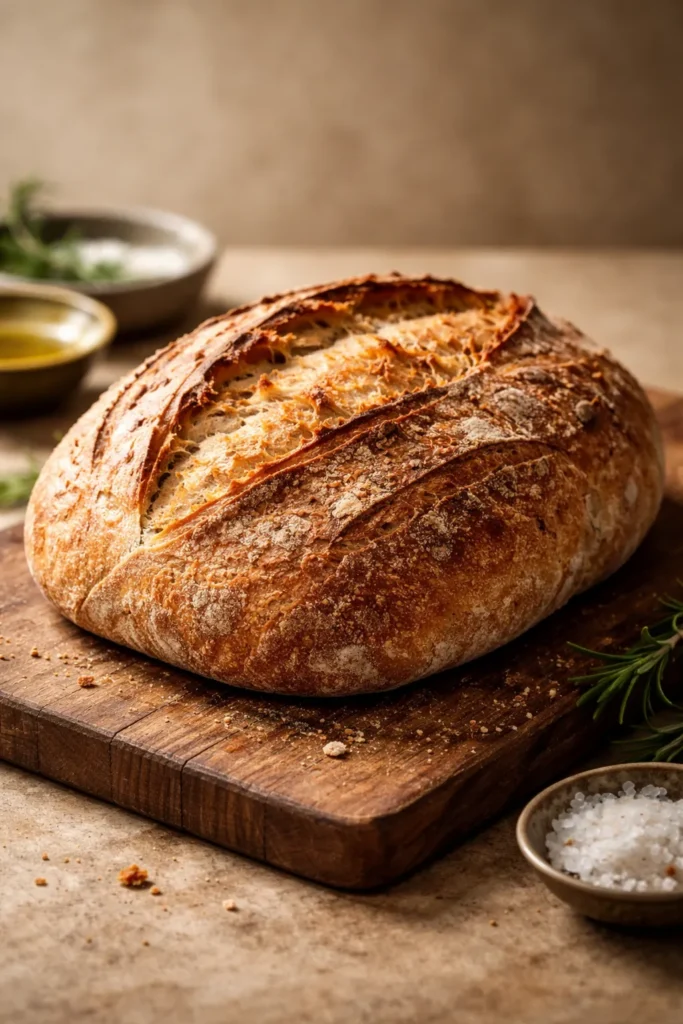 Crusty bread loaf on a wooden board as a serving suggestion for soups