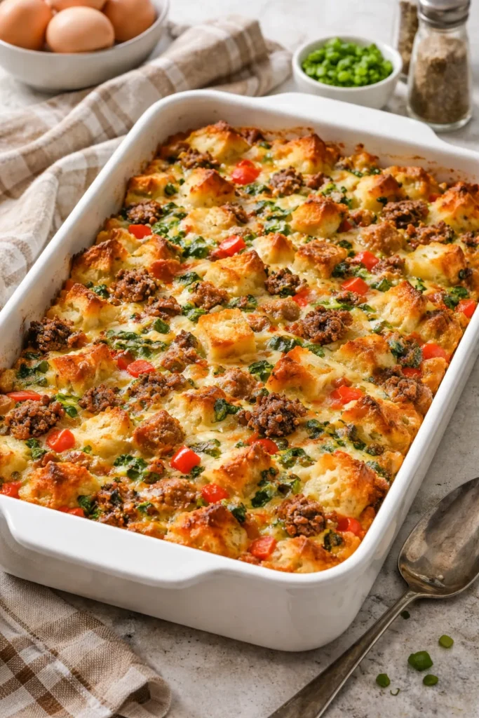 8 Breakfast Casseroles That Feed a Crowd 3 Bread-based make-ahead sausage and vegetable casserole in a glass dish