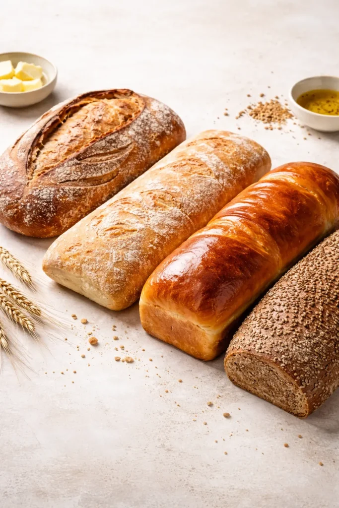 Lineup of different bread loaves showing crust and crumb textures