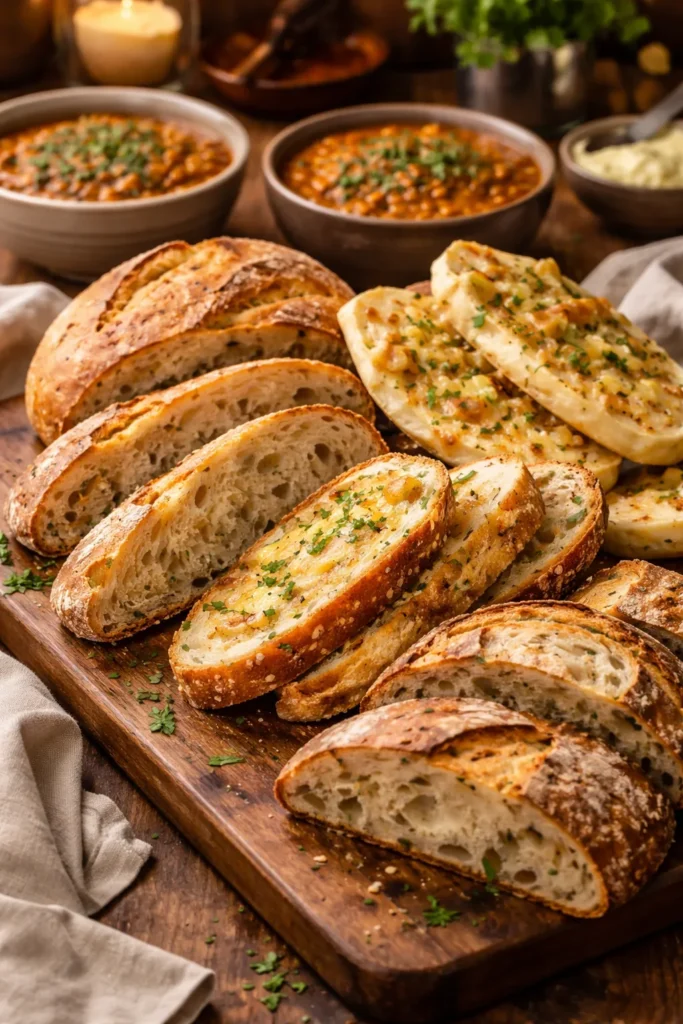 Assorted rustic breads on a wooden board for lentil stews