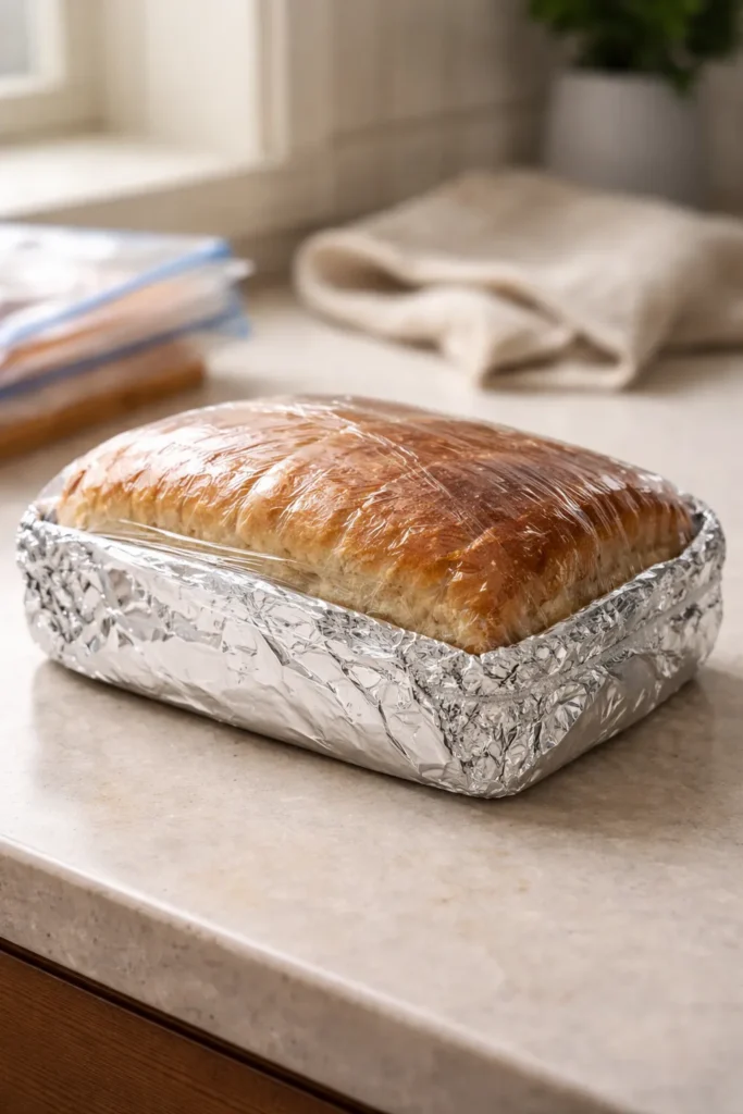 Loaf wrapped for freezing in plastic wrap and foil on a clean counter.