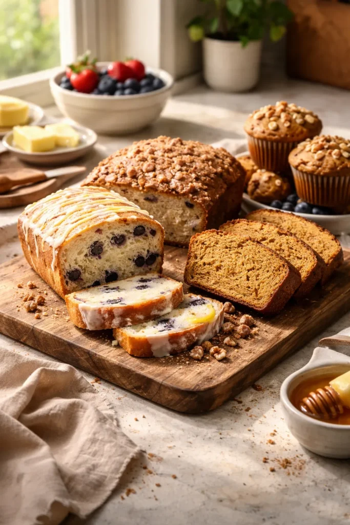 12 Make-Ahead Breakfast Breads for Weekdays 16 Assorted breakfast breads on a wooden board in a cozy kitchen