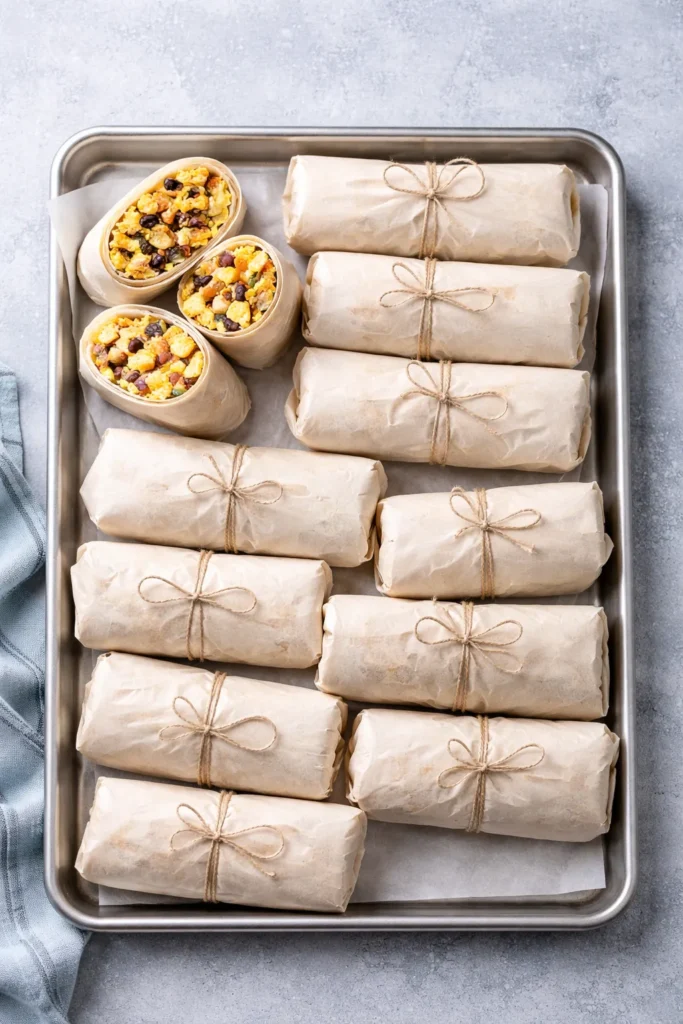 10 High Protein Breakfasts for Busy Mornings 11 Parchment-wrapped breakfast burritos on a baking sheet