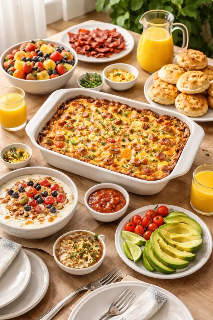 8 Breakfast Casseroles That Feed a Crowd 12 Brunch spread with casserole and sides including fruit, yogurt, biscuits, and salsa