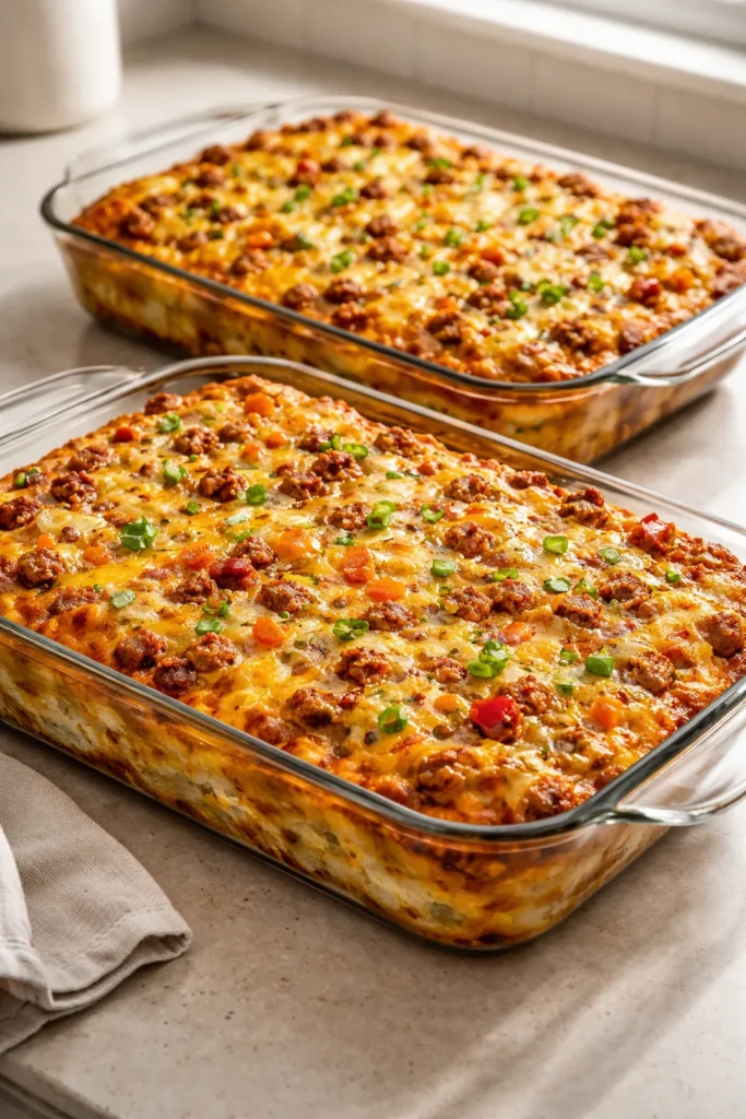 8 Breakfast Casseroles That Feed a Crowd 1 Two golden-brown breakfast casseroles in glass dishes on a clean kitchen counter