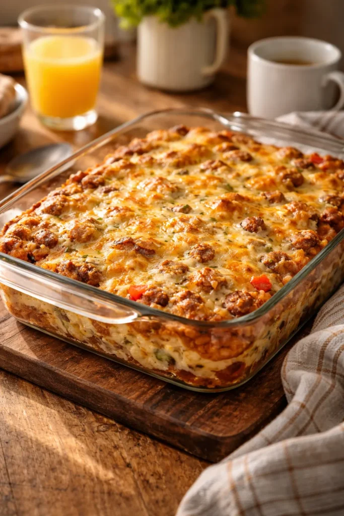 8 Breakfast Casseroles That Feed a Crowd 13 Close-up of a golden-brown breakfast casserole in a glass dish on a wooden counter