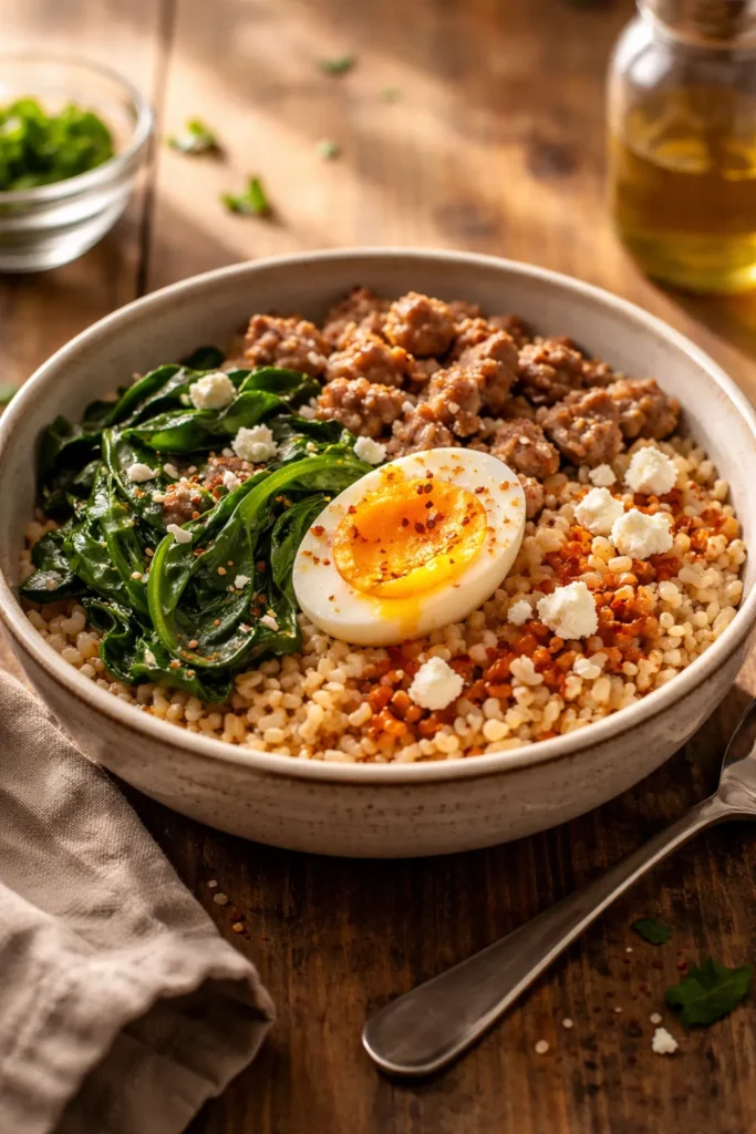 Close-up of a breakfast grain bowl with farro, sausage, egg, greens and feta