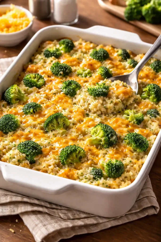 12 Dump and Bake Casseroles With No Fuss 5 Broccoli cheddar rice bake in a casserole dish with broccoli and melted cheddar
