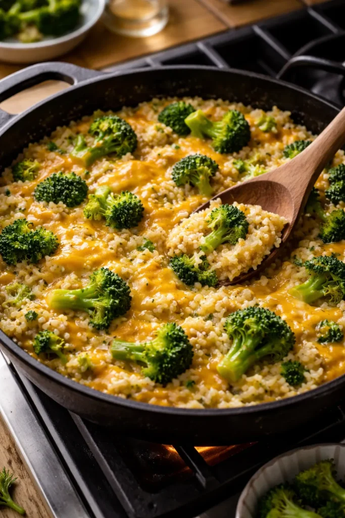 10 Cheap Family Dinners Everyone Eats 8 Top-down view of a broccoli cheddar rice skillet with broccoli, rice, and melted cheddar