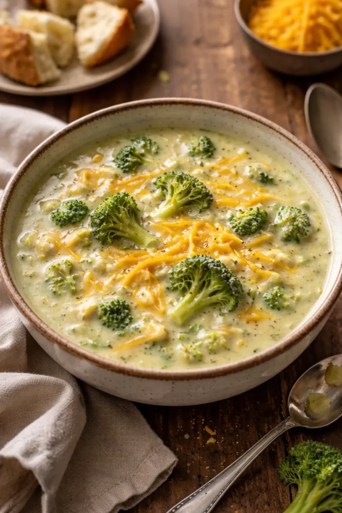 Creamy broccoli cheddar soup in a rustic bowl with broccoli pieces visible.
