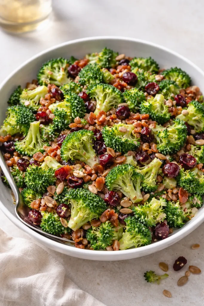 Broccoli salad with bacon, cranberries and sunflower seeds in bowl