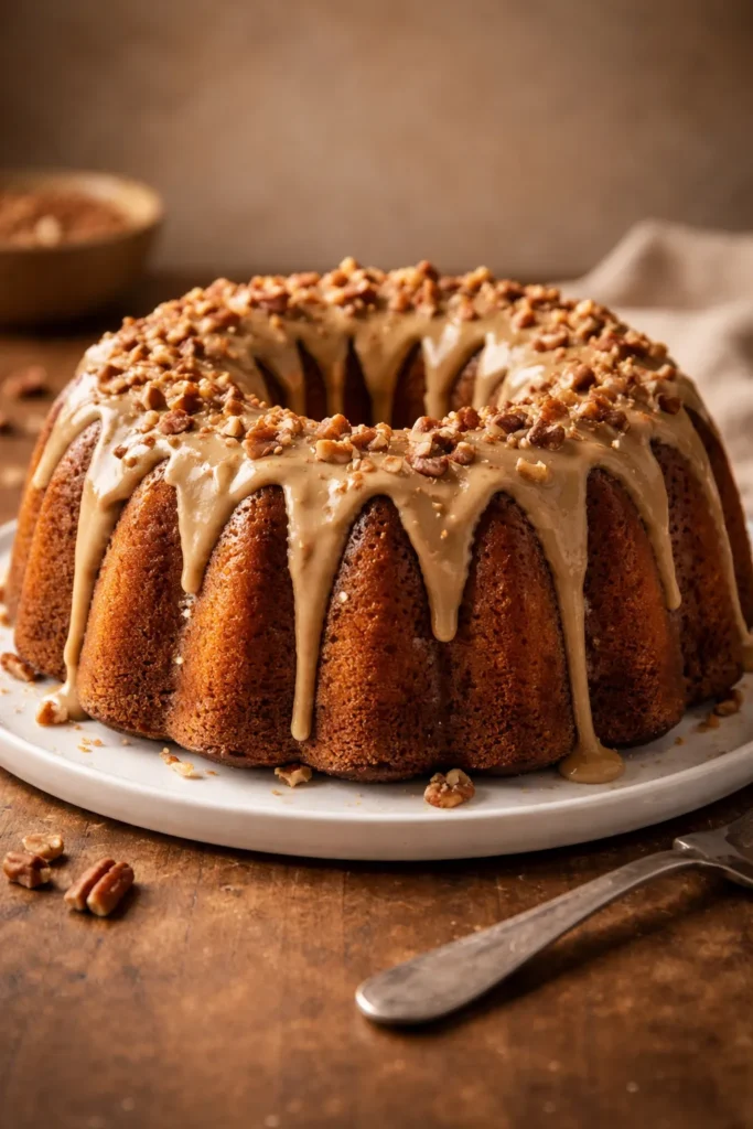 10 Beautiful Bundt Cakes for Beginners 8 Close-up of brown butter Bundt cake with praline frosting
