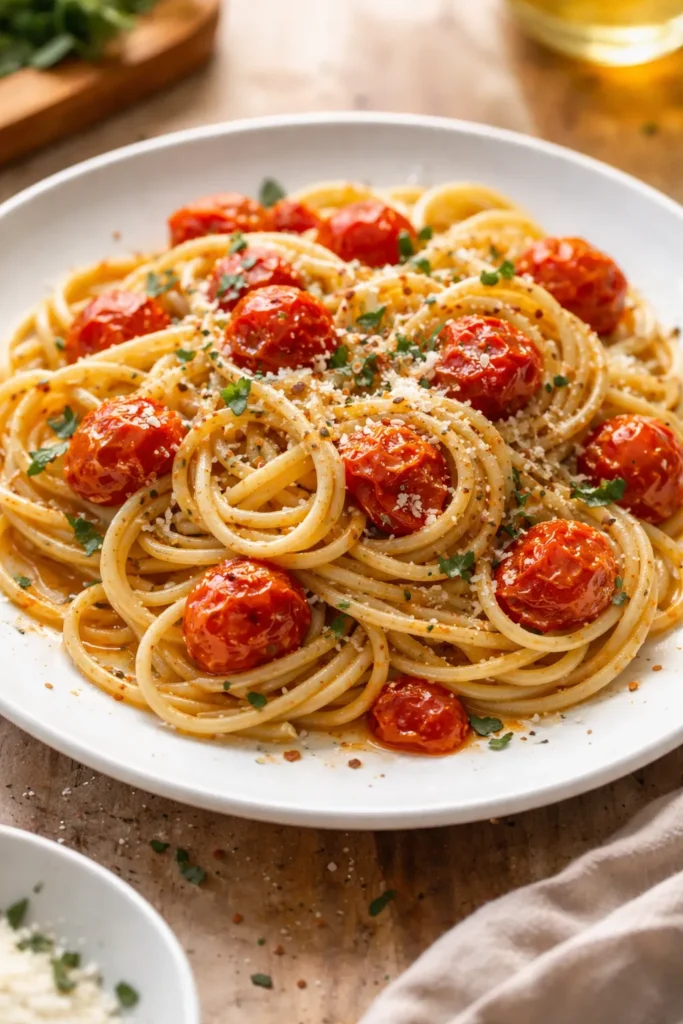10 Easy Dinners for One That Feel Like a Treat 7 Close-up of brown butter pasta with blistered cherry tomatoes on a white plate
