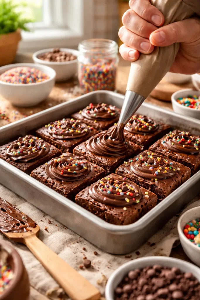 12 Fun Family Night Desserts to Make Together 7 Close-up of brownies being decorated with frosting and sprinkles in a sunny kitchen