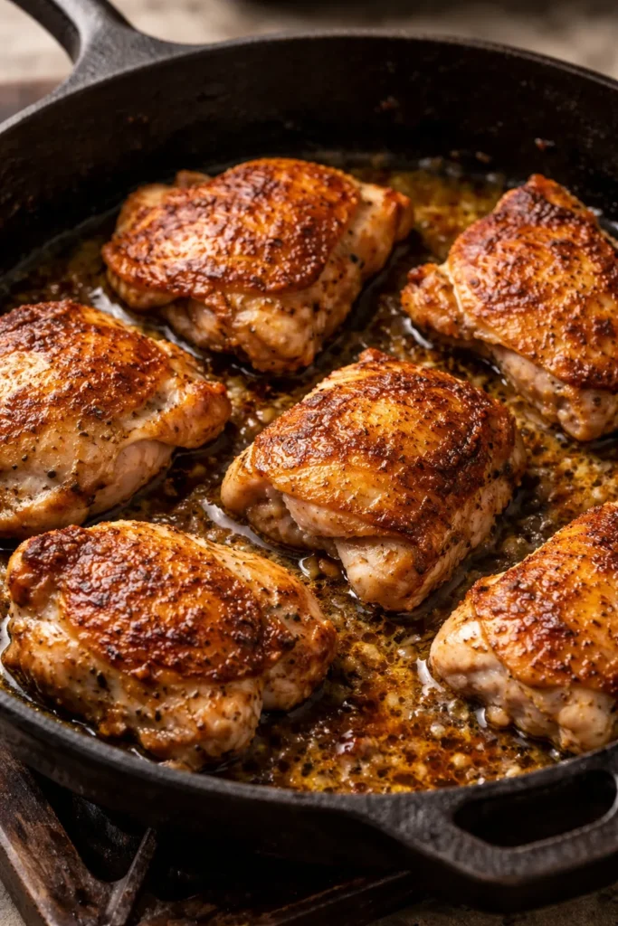Close-up of browned chicken in a skillet with fond