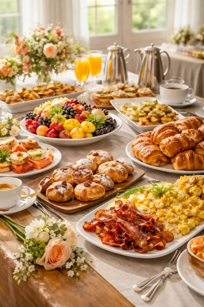 8 Wedding Reception Food Ideas on a Budget 6 Brunch spread with pastries, fruit, eggs and coffee at a wedding reception
