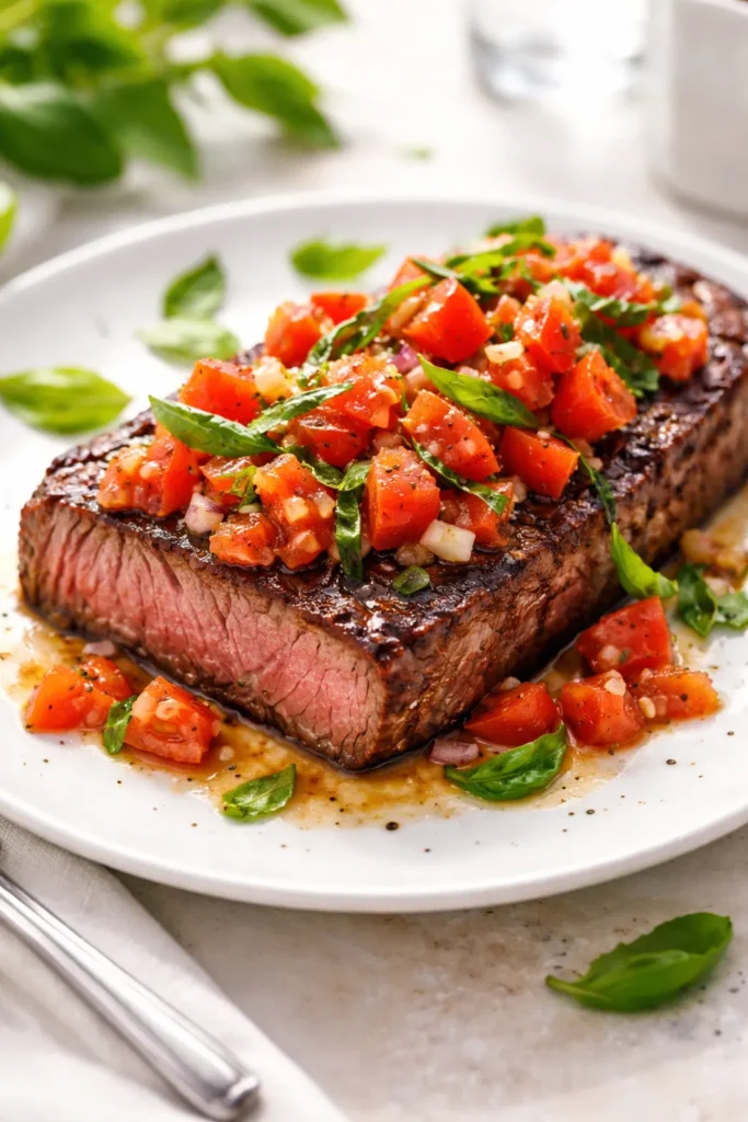 10 Easy Steak Dinners for Any Weeknight 8 New York strip steak with bruschetta topping on plate