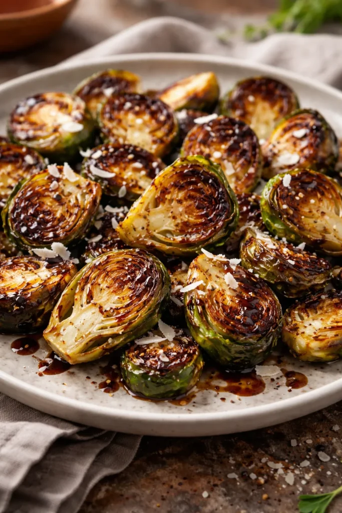 10 Veggie Sides That Outshine the Main Dish 7 Close-up of charred Brussels sprouts with balsamic glaze and Parmesan on a plate