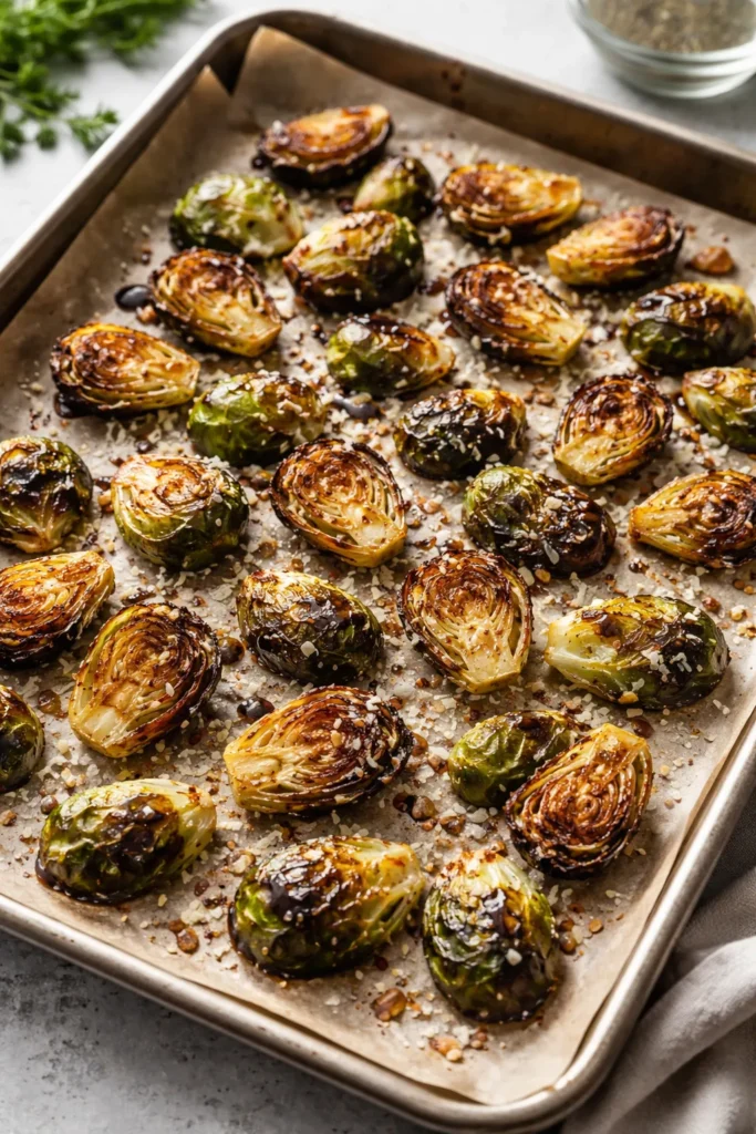 8 Easy Roasted Vegetable Sides for Dinner 3 Brussels sprouts halved on sheet pan with crisp edges and parmesan